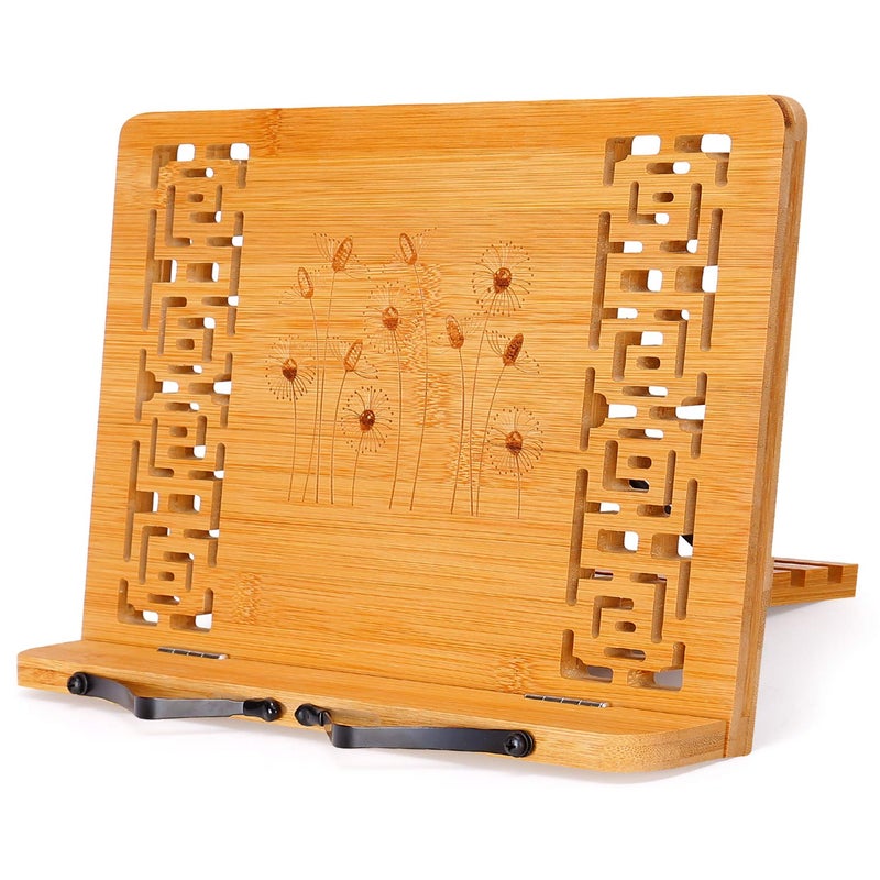 MEGREZ Book Stand for Reading (13.2 x 9.4 inch) Bamboo Cookbook Stand Holder for Kitchen, Adjustable Book Holder Stand for Tablet/Textbook Holder/Hollow Bookrest Stand, Giraffe and Tree - Image 1